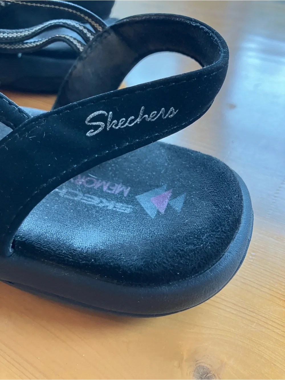 Skechers Black Strappy Memory Foam Sandals with Subtle Purple Accent